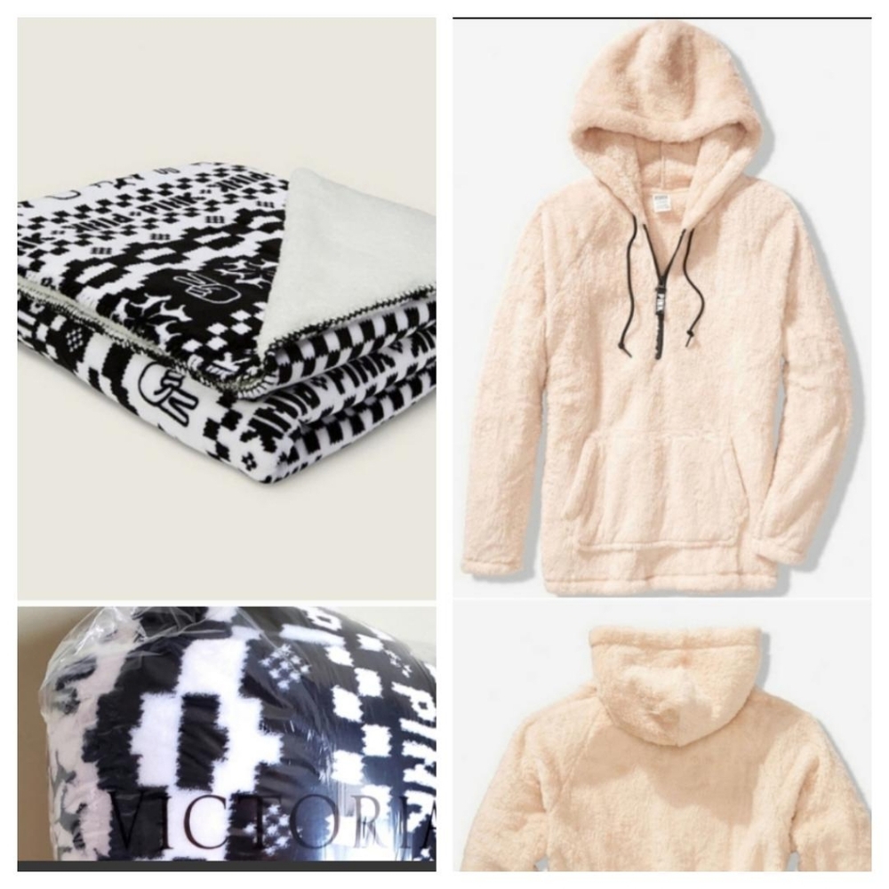 Cozy Sherpa Hoodie PINK VICTORIA'S SECRET size L + Sherpa Blanket 50x60in